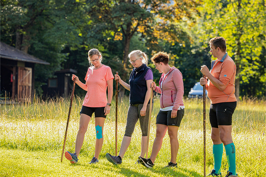 Mehrere Menschen sind mit Wanderstöcken auf einer Wiese in der Sonne unterwegs. Mehrere Menschen sind mit Wanderstöcken auf einer Wiese in der Sonne unterwegs.